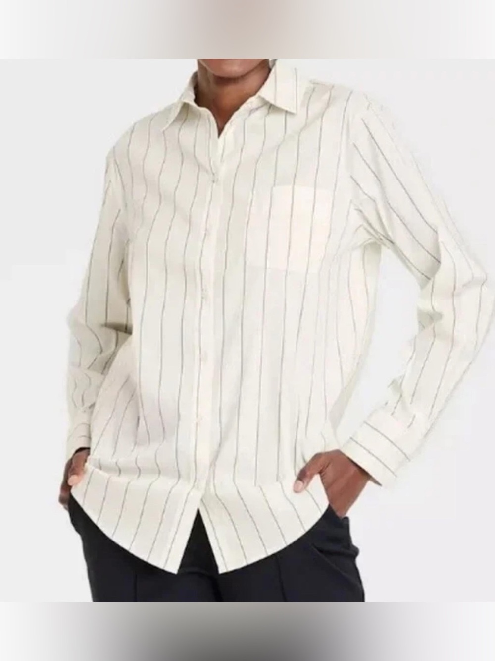EUC A New Day Cream & Black Stripe Button Down Dress  Size 2X Workwear Blouse